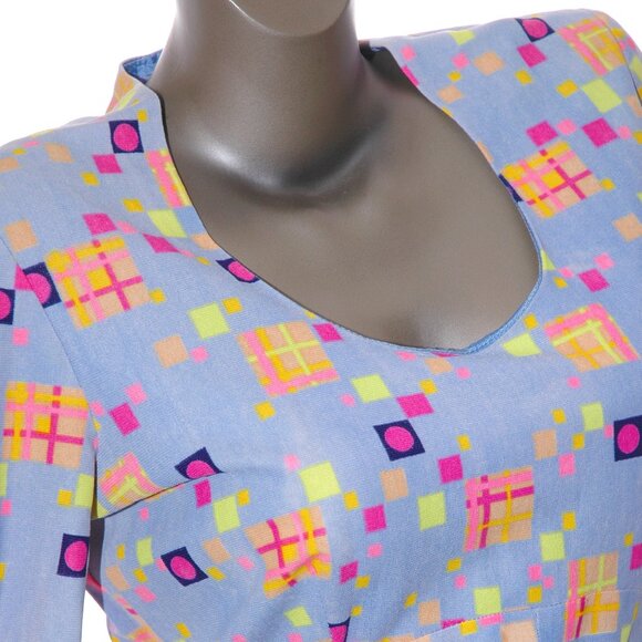 Neon Geo Art Dress Empire Waist Tie A-Line Tunic Vintage 70s Womens S/M - Picture 1 of 9
